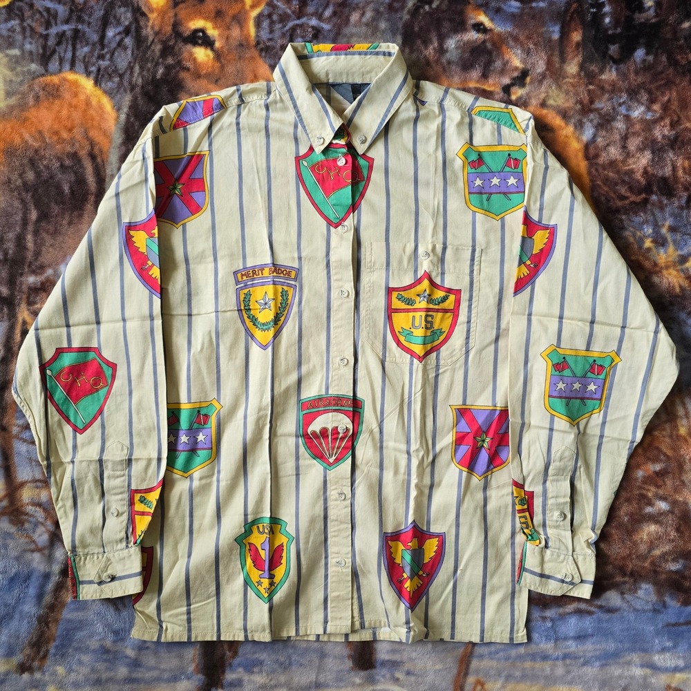 Vintage LizWear 80s Military Badge Striped Formal Button Up Shirt sz Small
